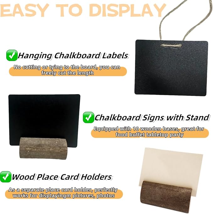 20 Pack Mini Chalkboard Signs for Food Buffet Table Reusable Catering Labels with 10 PCS Wooden Rustic Stands, Party Buffet Food Tags, Small Chalk Board Sign Holders for Wedding Birthday Bakery