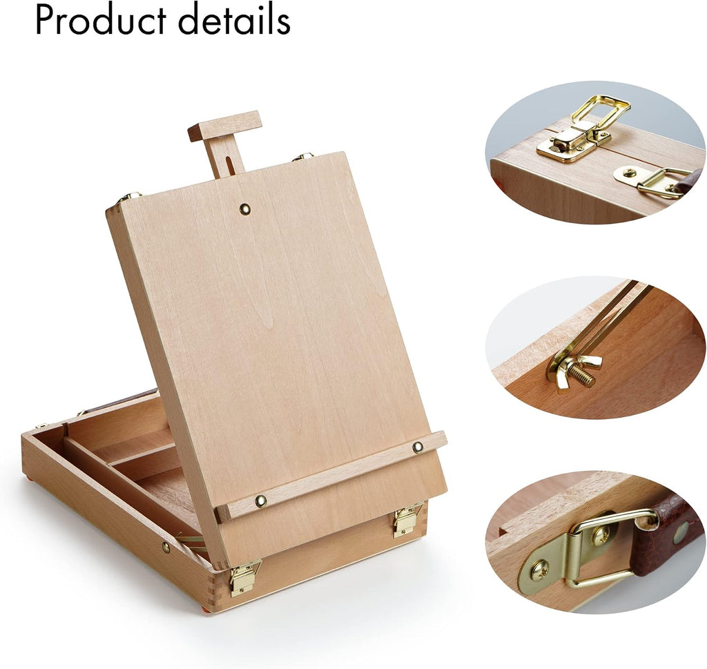 artify adjustable beechwood tabletop painting easel, wooden sketch, close-up detail