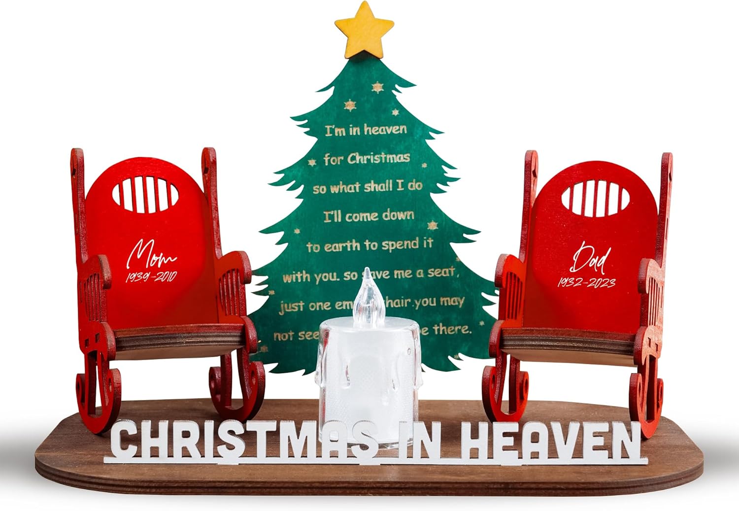 Memory Christmas in Heaven Wooden Candle Holder, Sympathy Gift for Loss of Mom Dad Grandpa Grandma Xmas Tree Personalized Name Decoration Christmas in Heaven Rocking Chair Keepsake Bereavement Gift