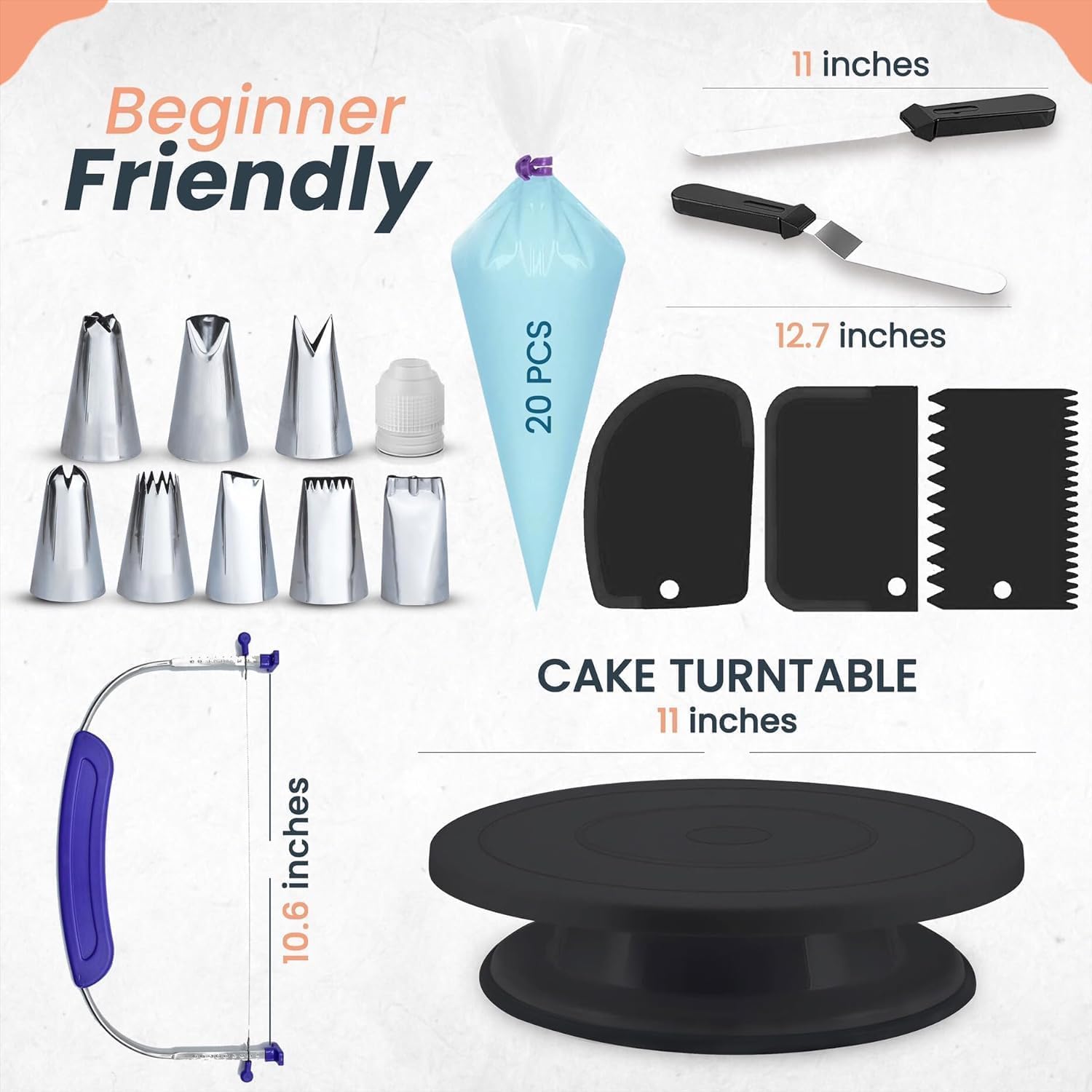 11 Inch Rotate Turntable Sculpting Wheel Revolving, 35PCs Cake Turntable Painting Turn Table Lightweight Stand with Icing Tips& Bags-Straight&Offset Spatula for Paint Spraying Spinner, Cake Decorating