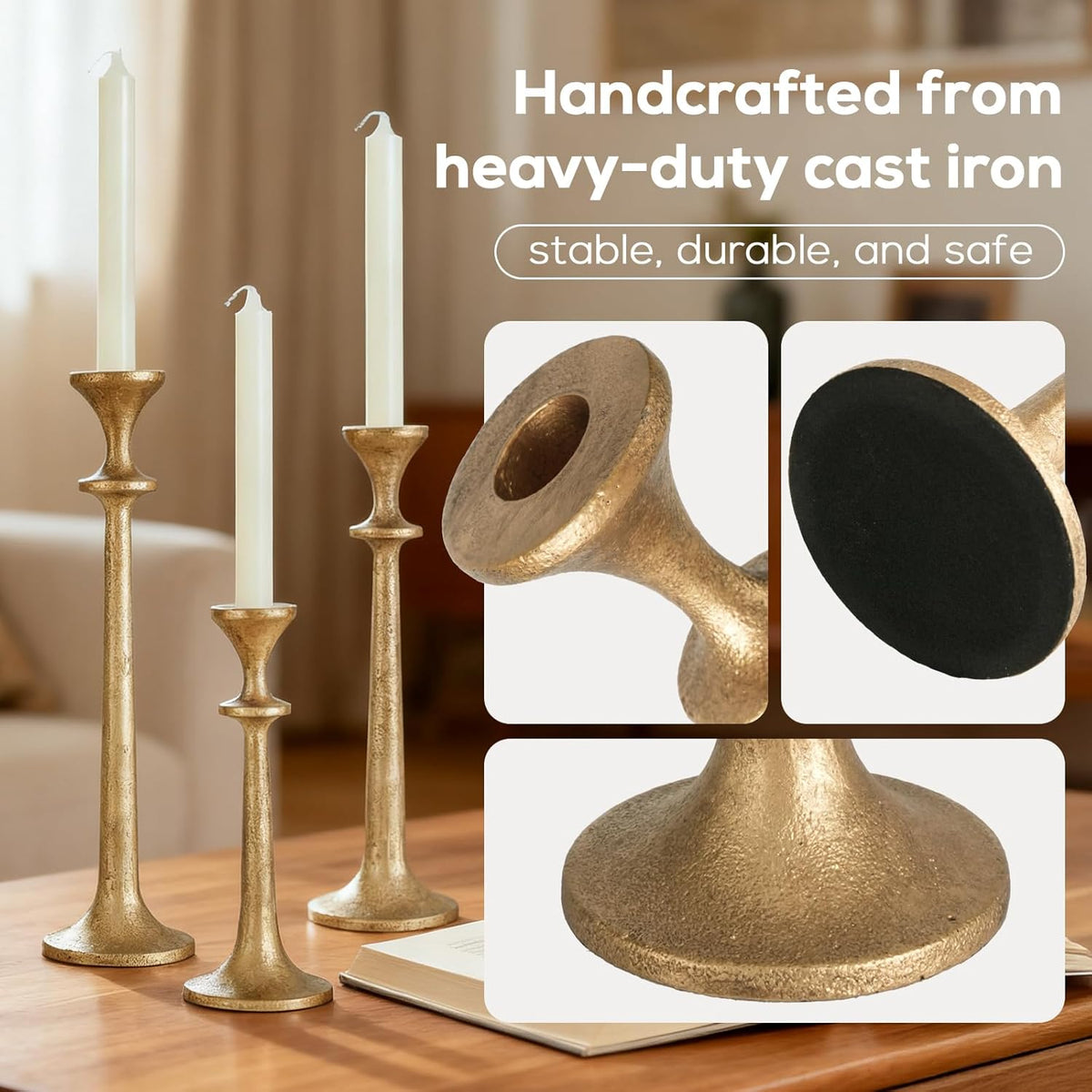 Gold Taper Candle Holders Set of 3 Heavy Cast Iron Antique Brass Candlestick ...