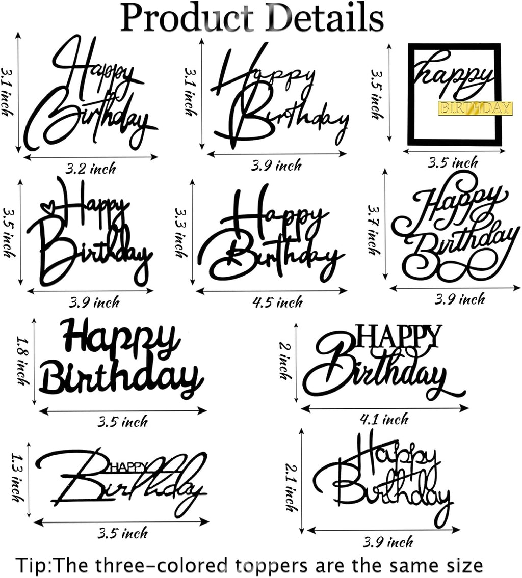 30PCS Happy Birthday Cake Topper Acrylic Cake Toppers for Party Supplies | Mirror Design Total 10 Styles Double-Sided DIY Gift Gold Silver Black Mixed