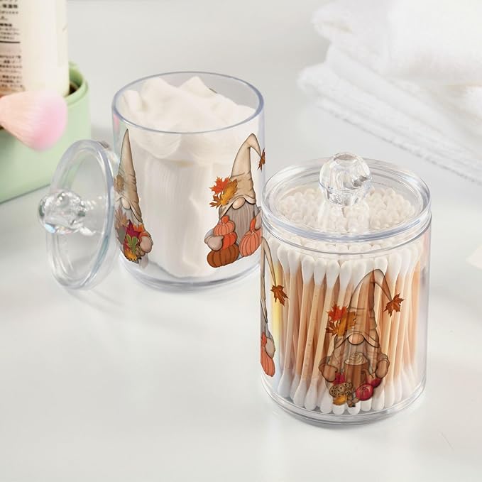 Gredecor 2 Pack Apothecary Jars with Lid Fall Gnome Maple Pumpkins Qtip Holder Dispenser Storage Containers Clear Plastic Cute Fall Autumn Thanksgiving Theme Canisters for Bathroom Vanity Organization