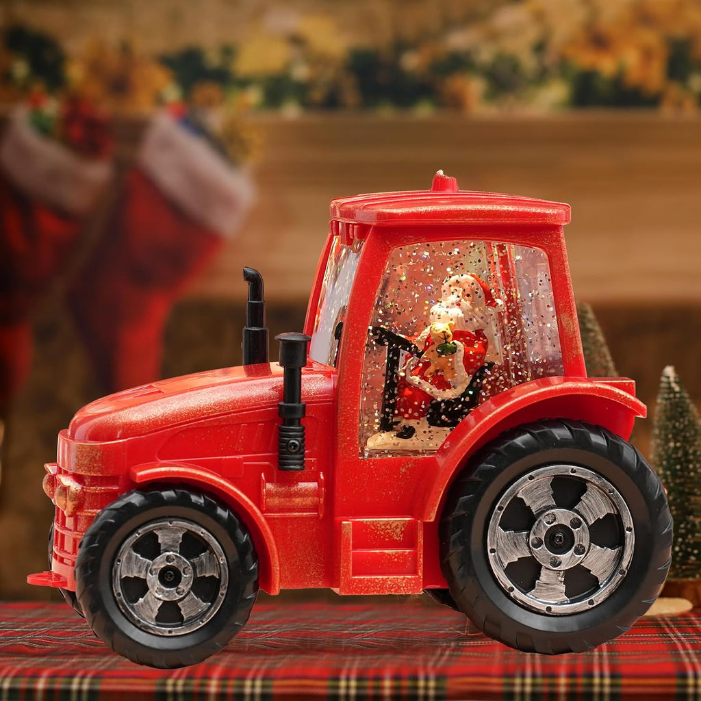 Christmas Snow Globe Lantern, Musical Lighted Red Tractor Snow Globe, 6H Timer, Battery & USB Powered Spinning and Swirling Glitter Christmas Santa Snow Globes Decorations Gifts for Old Man, Father
