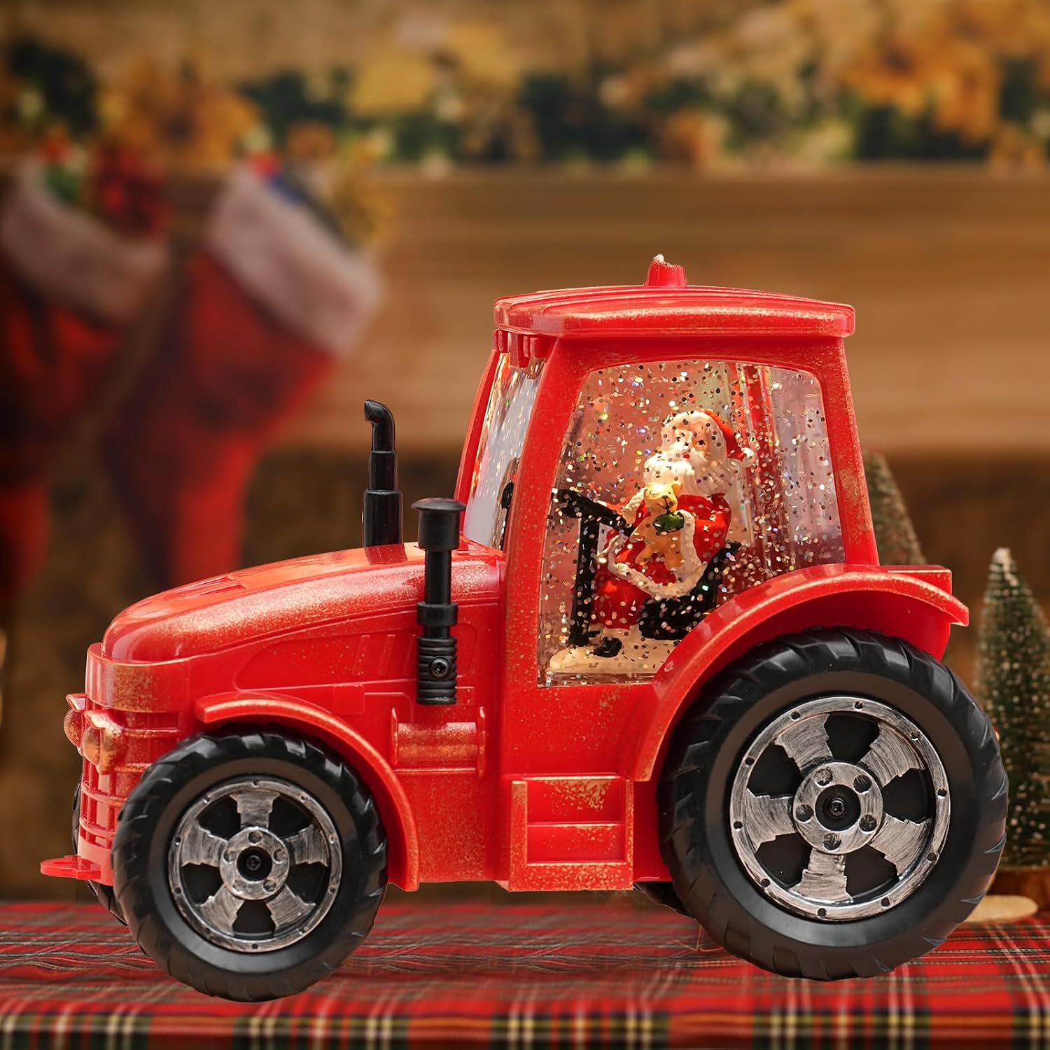Christmas Snow Globe Lantern, Musical Lighted Red Tractor Snow Globe, 6H Timer, Battery & USB Powered Spinning and Swirling Glitter Christmas Santa Snow Globes Decorations Gifts for Old Man, Father