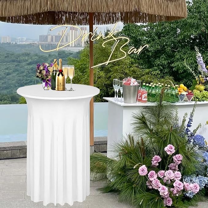Albassa 2 Pack Cocktail Table Covers 32"x 43" Spandex Stretch Round Cocktail Tablecloths with Wavy Drapes Fitted High Top Bar Table Skirt for Wedding Party Banquet (White, 2 PCS)