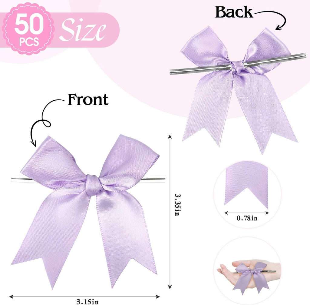 Twist Tie Bows, Satin Ribbon Bows - 3 Inches, 50-Pack for Treat Bags Gift Wrapping Basket Crafts Wedding Baby Shower Brithday Christmas Party Decorations (Black)