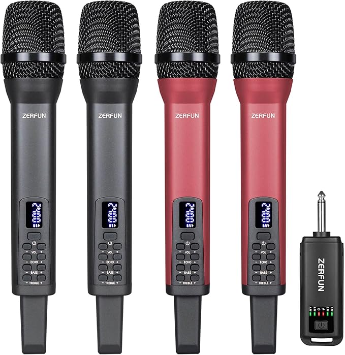 Rechargeable Wireless Microphones 4, Pro Handheld Cordless Mics System Dynamic with Echo Treble BASS VOL Control for Karaoke Singing Church Party, 1/4'' Output, D240, Grey&Red