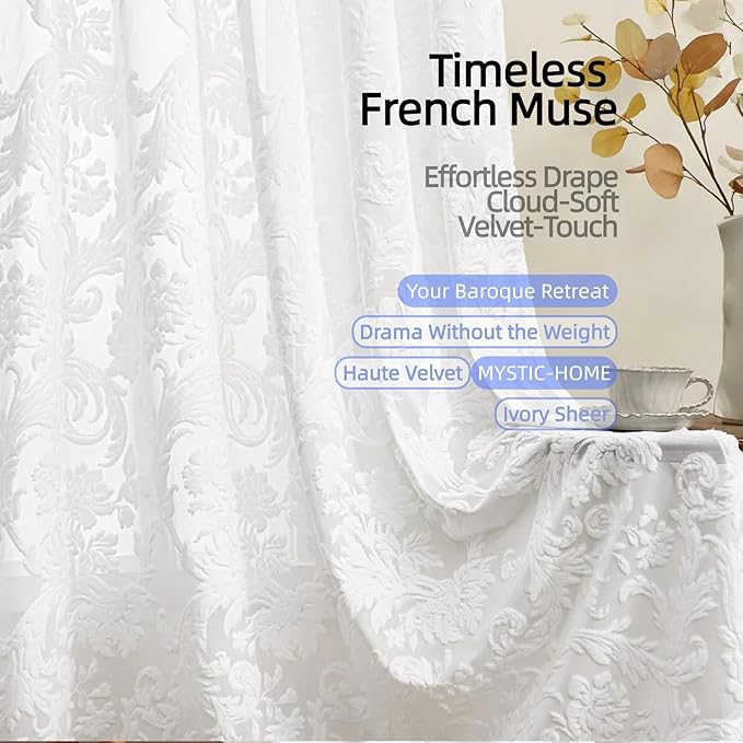 White Sheer Curtains for Living Room Boho Rod Pocket Light Filtering Curtain Drapes 95 inches Long 2 Panels Set with Floral for Bedroom 3D Flocked Texture & Rococo Motifs Window Curtains 52"W*95"L