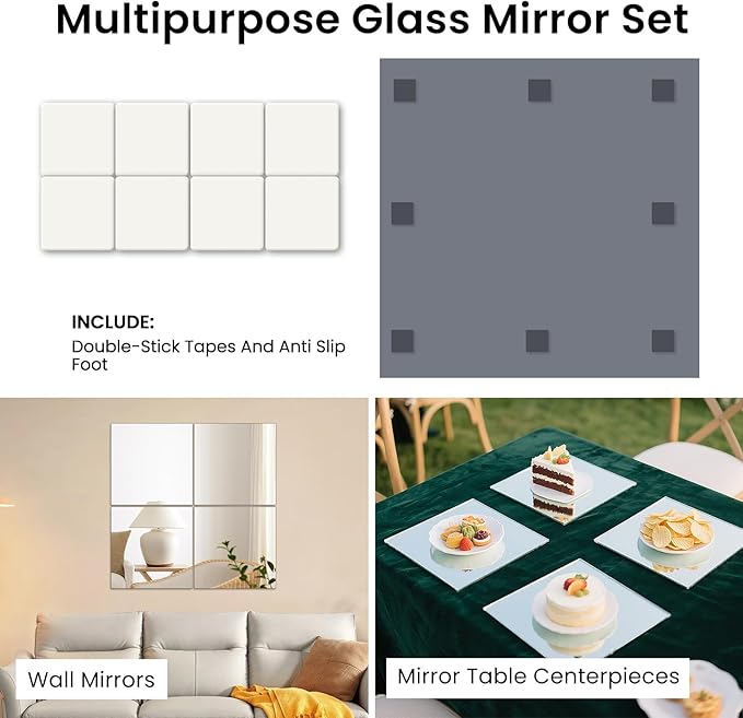 Square Glass Mirror Centerpieces, 12Pcs 12" Mirror Centerpieces for Tables, Glass Trays for Wedding Decorations, Parties, Baby Shower
