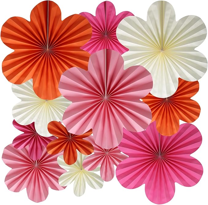 BestoFun 12 PCS Paper Flowers Fans Pink and Orange Party Decorations Paper Flowers Decorations for Wall Girl Groovy Birthday Baby Shower Wedding Bachelorette Room Hanging Décor