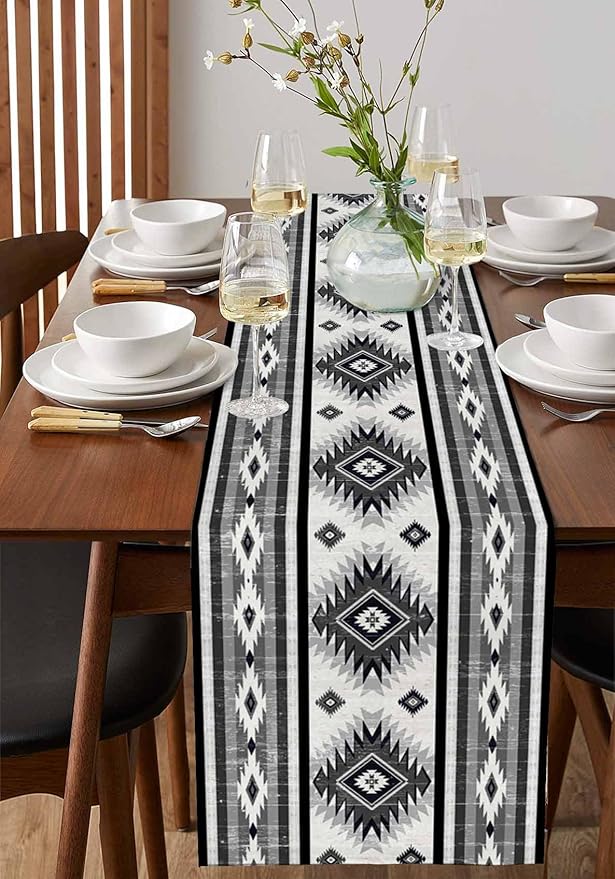 Aztec Southwest Cotton Linen Table Runner for Dining Kitchen, Wedding Outdoor Party Tablerunners Decoration, Boho Ethnic Tribes Vintage Grey Dresser Scarf Coffee Tablecloth Runners 13x48 Inches