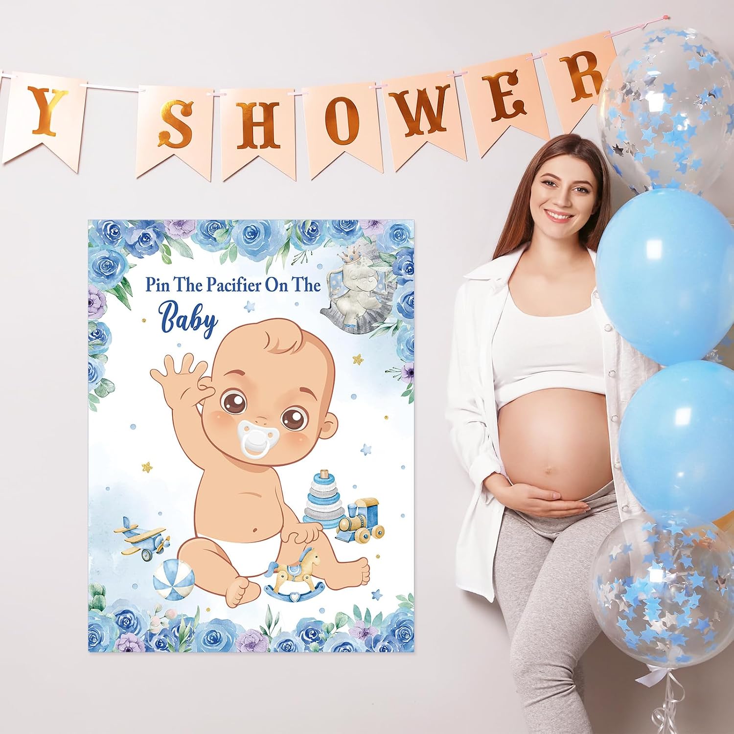 Faccito Pin The Pacifier Baby Shower Game Baby Shower Party Decorations Include Large Poster 24 Pacifier Stickers Blindfold Game Set for Birthday Party Decor Supplies(Multicolor,Elephant)