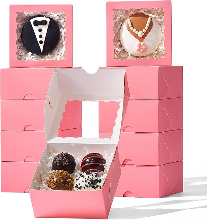 50-Count 4x4x2 Food-Safe Pink Bakery Boxes - Multi-Use Pastry & Treat Packaging for Cookies, Truffles & Wedding Favors (Stackable Gift Boxes for Cakes, Pies & Cinnamon Rolls)