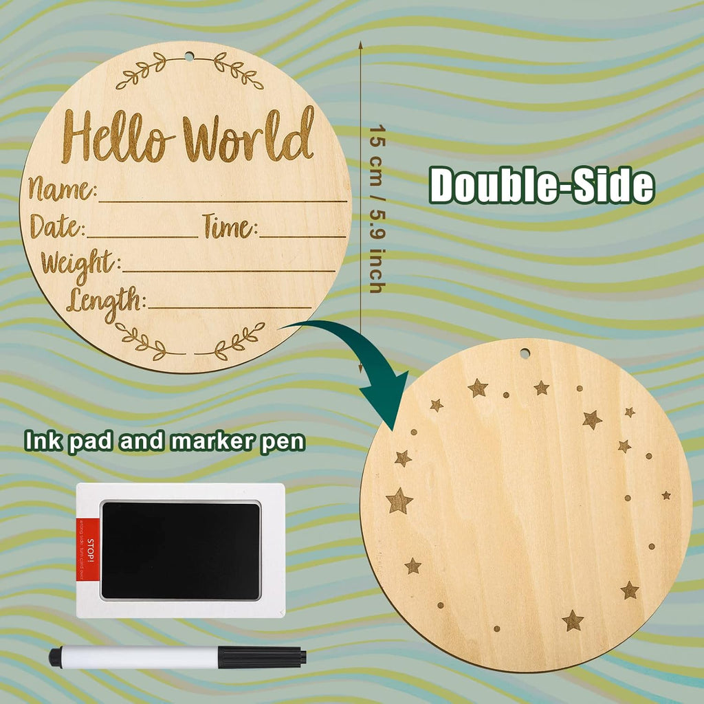 Baby Announcement Sign, 5.9 Inch Round Birth Nursery Name Signs with Ink Pad for Baby Hand and Footprints Wooden Hello World Newborn Sign for Photo Prop