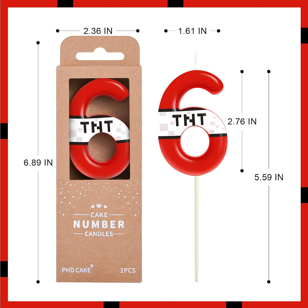 PHD CAKE 2.76 Inch Number 6 Red Pixel Birthday Candles, TNT Themed Number Candles, Cake Number Candles, Party Celebration