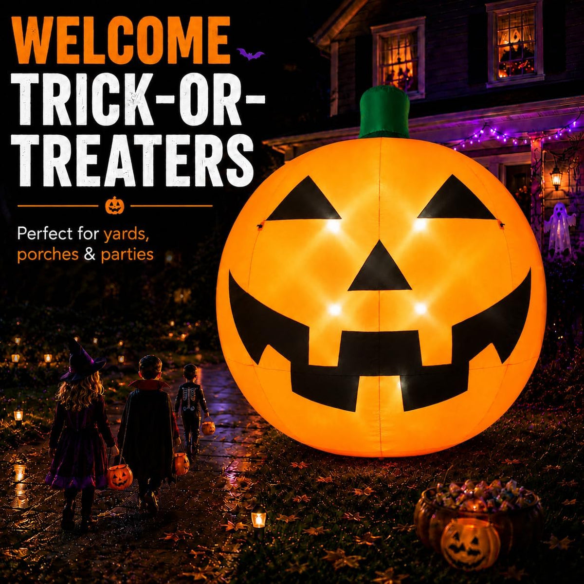 11ft giant halloween inflatable pumpkin with led lights, front angle view