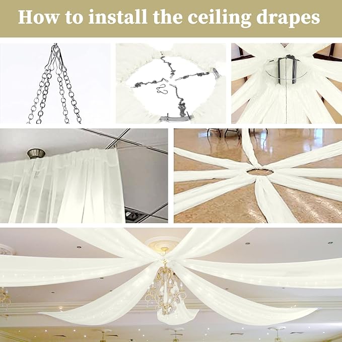 6 Panels Ivory Ceiling Drapes for Wedding 5ftx10ft Chiffon Fabric Arch Draping Curtains Sheer Drapery for Party Ceremony Birthday Baby Shower Reception Stage Swag Ceiling Decorations