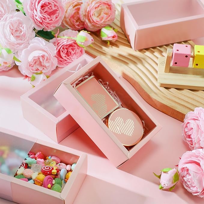 Roowest 50 Sets Kraft Soap Boxes Rectangle Packaging Box with Window Homemade Gift Box with Blank Tags and Jute String for Jewelry Candy Wrapping Party Favor(6.3 x 3.5 x 2 Inch,Pink)