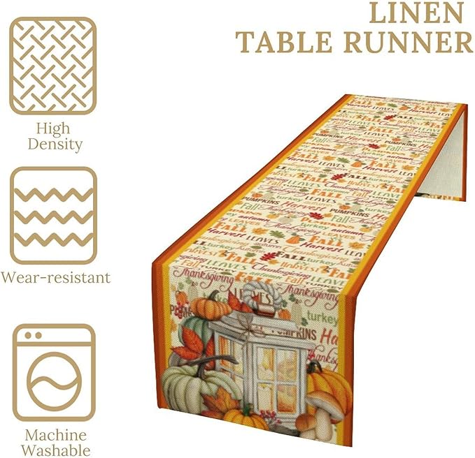 Autumn Table Runner,Farmhouse Leaves Pumpkin Thanksgiving Table Cloth for Kitchen Dining Table Decoration Home Party Decor 13x60 Inch
