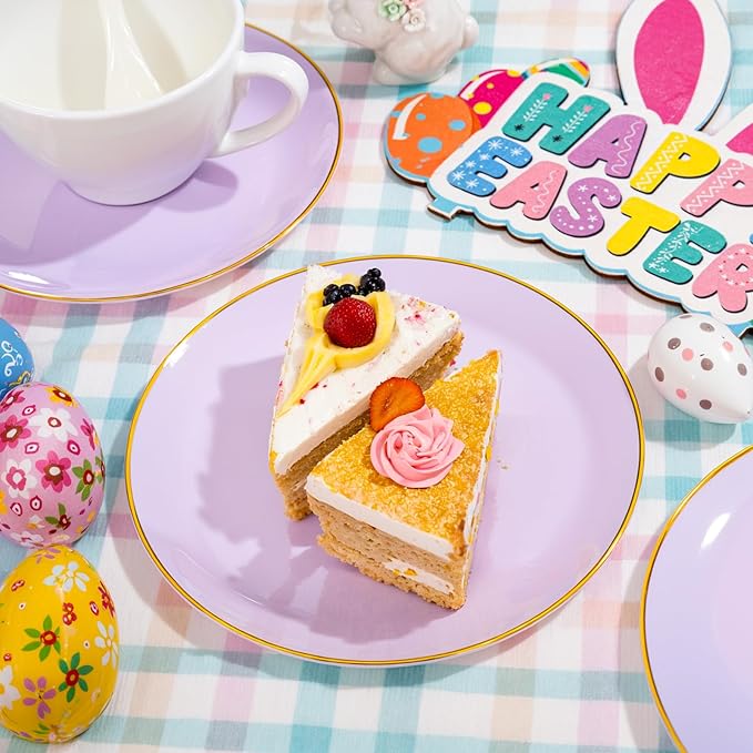 Festiva 200Pcs Purple Gold Dessert Plates 6.3" with Plastic Forks 5"- Disposable Lavender Purple Cake/Appetizer/Salad Plates - serve 100 guests for Party&Wedding&Easter