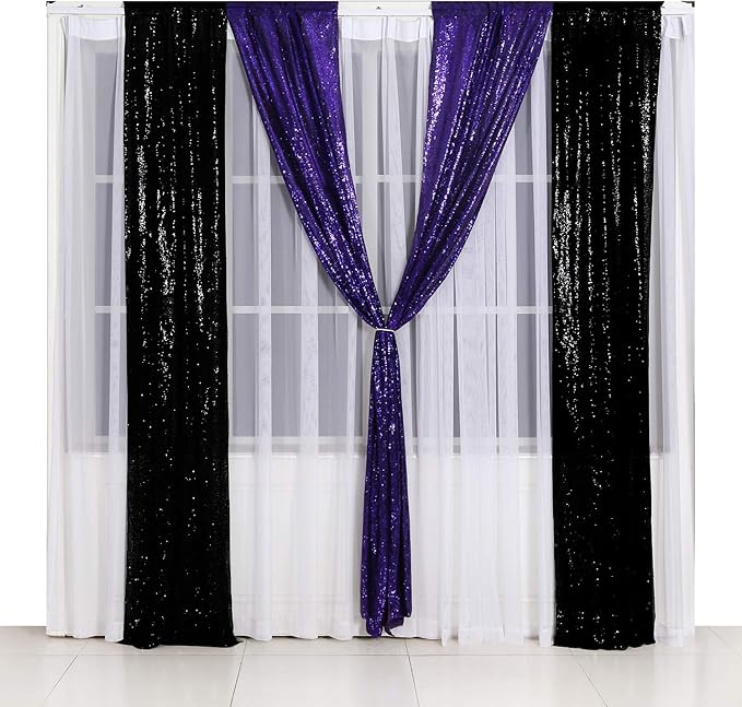 Poise3EHome 2ft x 8ft Purple Sequin Photography Backdrop Curtain 2 Panels for Party Decoration, Purple