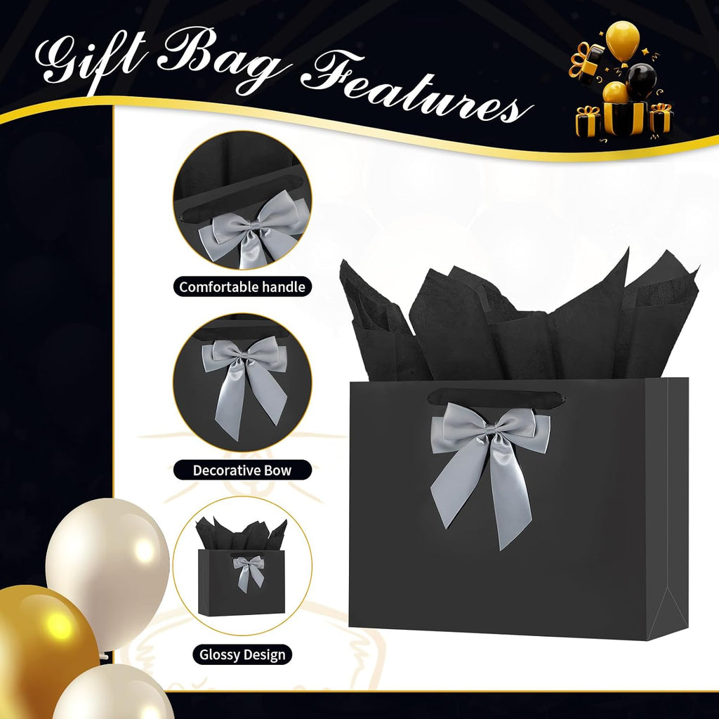 13" Black Bags with Handles, Birthday Gift Bag Set - 1 Gift Bag with Bow, 2 Tissues & Greeting Card for Men Women,Gift Bags Medium size(1 PCS Black Glossy)