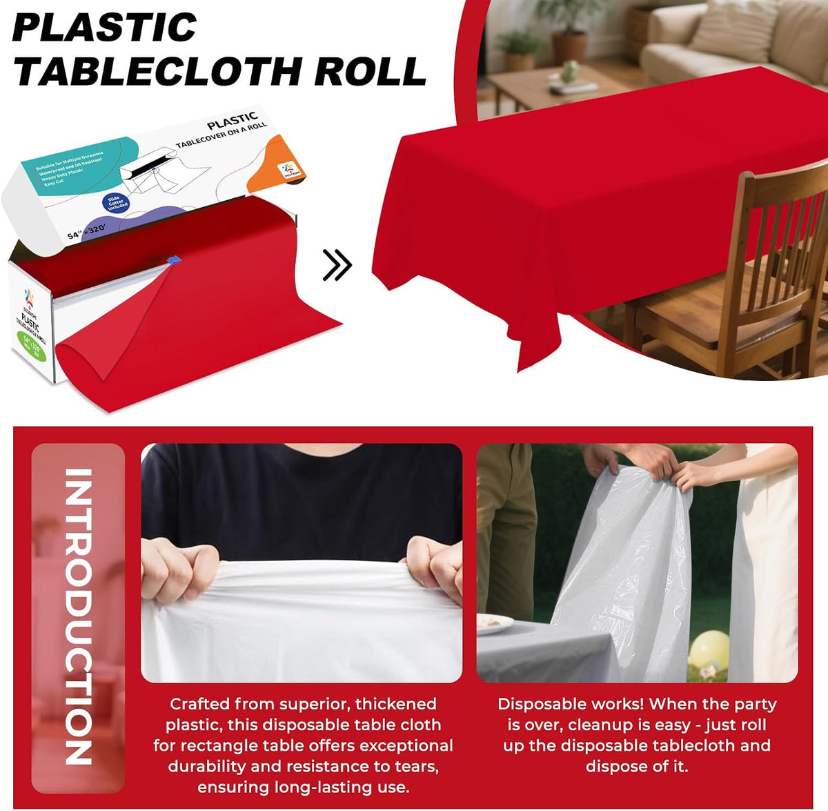 54IN X 320FT Plastic Table Cover Roll with Cutter Box, Cut to Size Plastic Ta...
