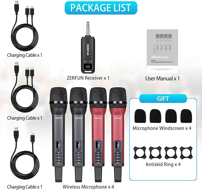 Rechargeable Wireless Microphones 4, Pro Handheld Cordless Mics System Dynamic with Echo Treble BASS VOL Control for Karaoke Singing Church Party, 1/4'' Output, D240, Grey&Red