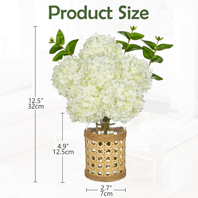 Hollyone White Hydrangea Artificial Flowers in Woven Glass Vase with Faux Water Silk Hydrangeas Fake Flowers Floral Arrangement for Home Indoor Bathroom Kitchen Office Table Centerpiece Shelf Decor