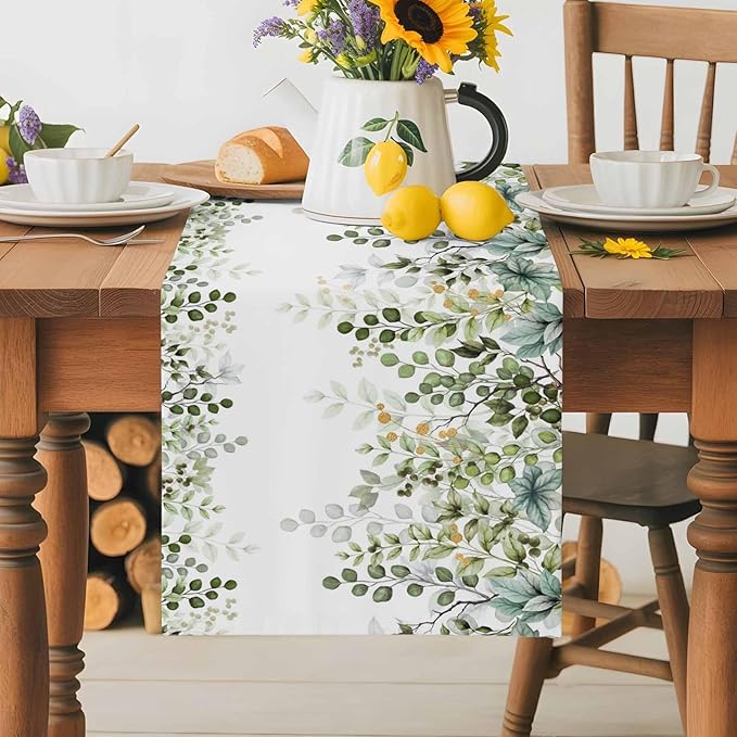 Sage Green Eucalyptus Cotton Linen Table Runner for Dining Kitchen, Farmhouse Leaves Wedding Outdoor Party Tablerunners Decoration Botanical Floral Dresser Scarf Coffee Tablecloth Runners 13x36 Inches