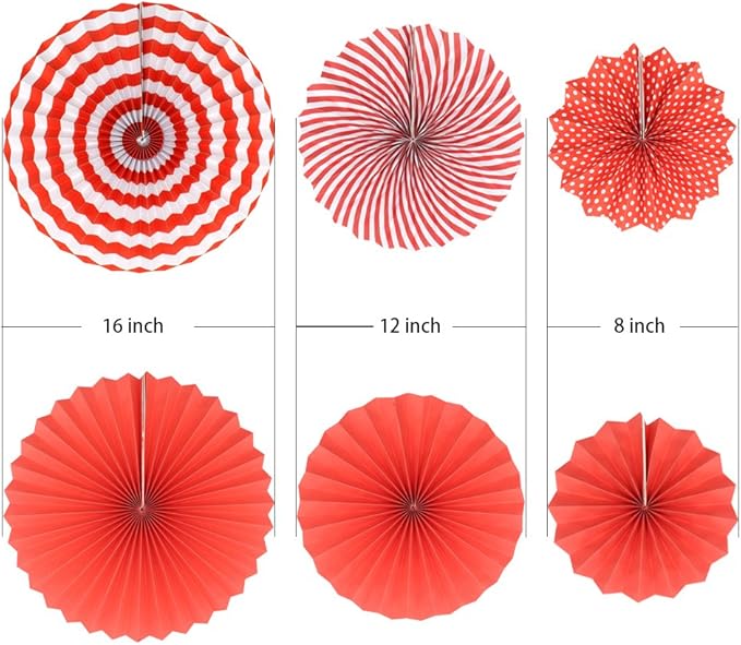 Party Hanging Paper Fans Set, Red Round Pattern Paper Garlands Decoration for Birthday Wedding Graduation Events Accessories, Set of 6