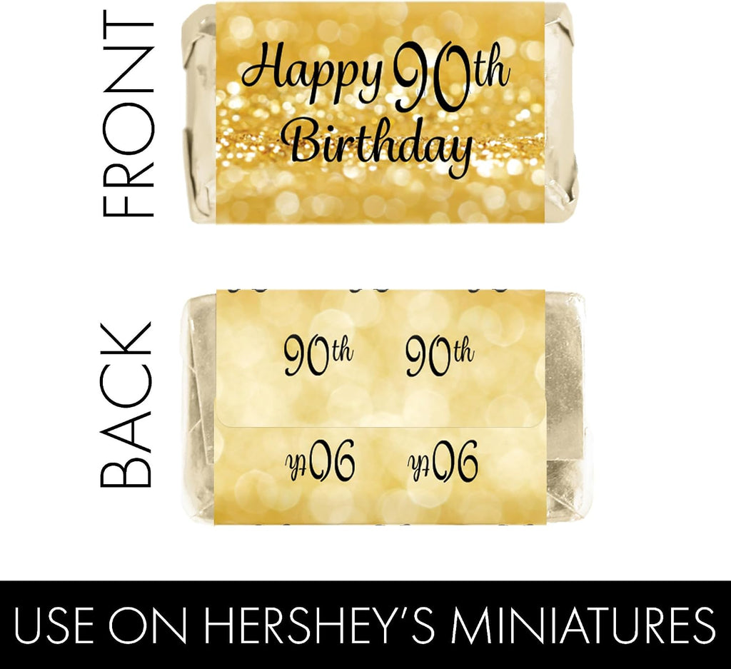 Black and Gold 90th Birthday Party Mini Candy Bar Wrappers, 90th Birthday Decorations - 42 Stickers