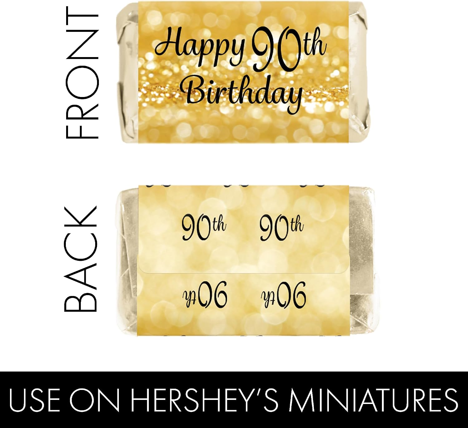 Black and Gold 90th Birthday Party Mini Candy Bar Wrappers, 90th Birthday Decorations - 42 Stickers