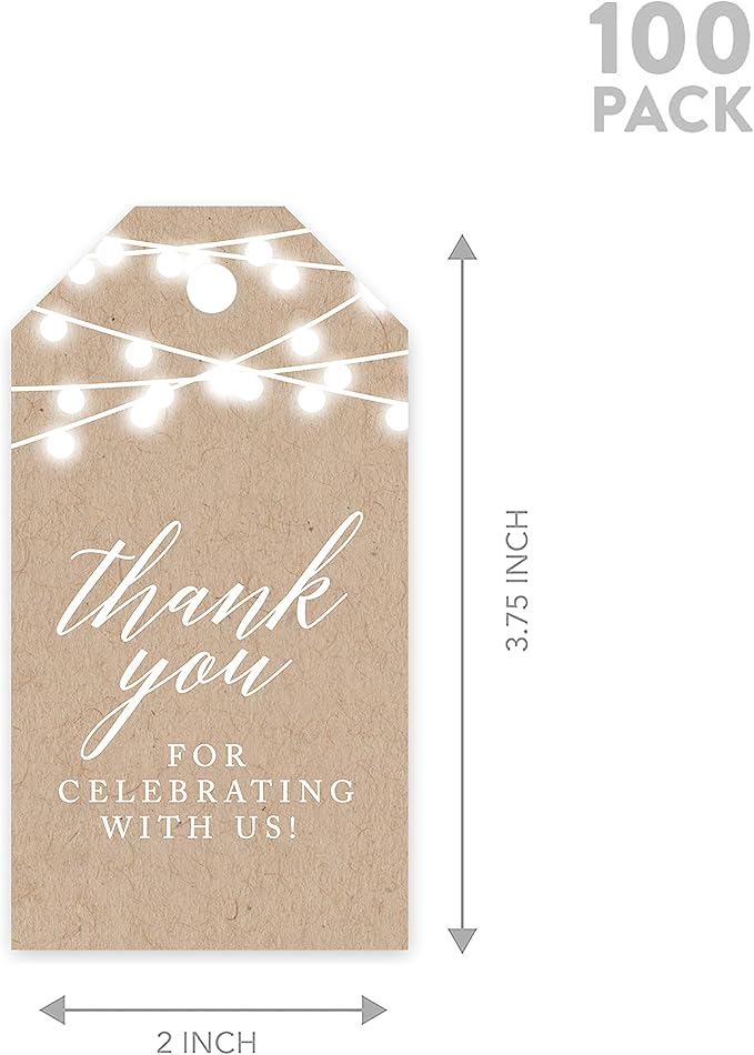 Andaz Press 100-Pack Thank You For Celebrating With Us Favor Tags Rustic String Lights Cardstock Gift Tags with Bakers Twine for Wedding Baby Shower Bridal Shower Birthday Party Favors 2 x 3.75-Inches