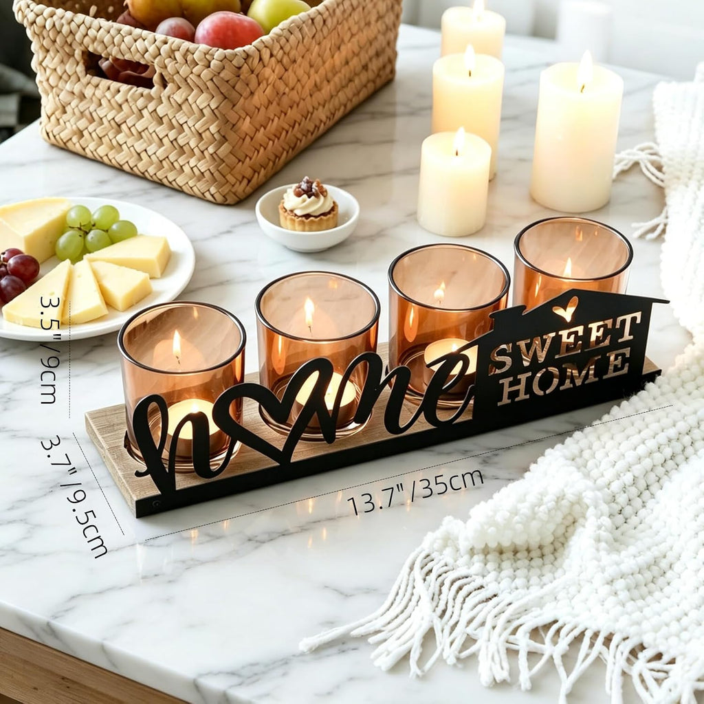 Amber Glass Candle Holder with Farmhouse Wood Tray, Sweet Home Tealight Holder Centerpiece for Dining Table, Rustic Metal Sign Votive Tray for Fireplace Mantel Living Room Decor Housewarming Gift