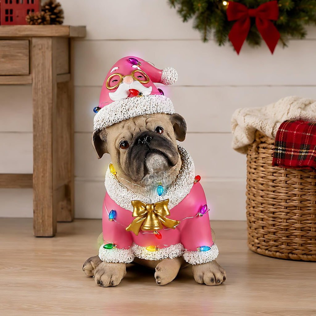 lighted christmas bulldog statue, pink outfit, main product view