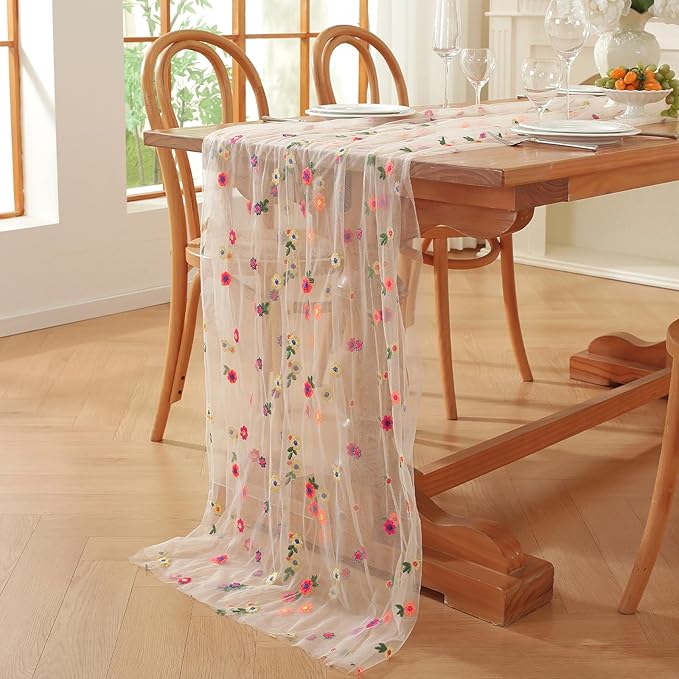 Champagne Embroidery Daisy Fall Table Runner 120Inch 10FT Florals Soft Sheer Tulle Fabric Table Runner for Home Decor, Brithday, Wedding, Baby Shower ,Holiday ,Parties, DIY Craft,3PC