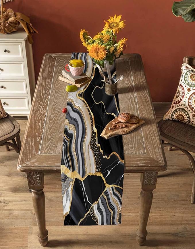 Geometric Black Marble Cotton Linen Table Runner for Dining Kitchen, Wedding Outdoor Party Tablerunners Decoration, Farm Marble Liquid Ripple Abstract Dresser Scarf Coffee Tablecloth Runners 13''x36''