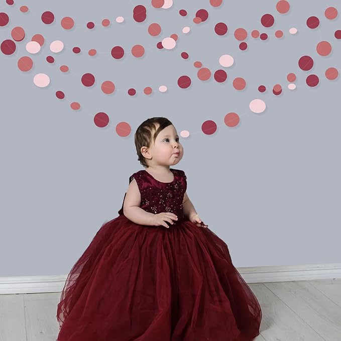 Burgundy Dusty Pink Decorations Circle Dot Garland Maroon Pink Hanging Polka Dot Streamer Banner for Wedding Birthday Bridal Shower Engagement Baby Shower Graduation Anniversary Garnet Party Supplies