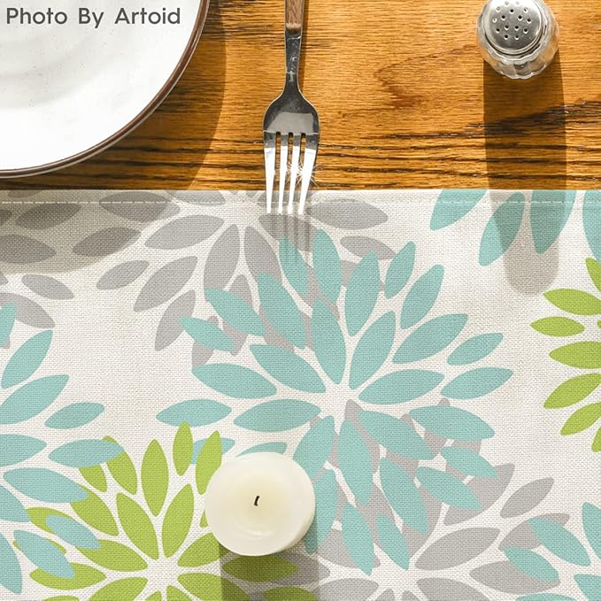 Artoid Mode Green Dahlia Floral Pinnata Summer Table Runner, Spring Kitchen Dining Table Decoration for Home Party Decor 13x72 Inch