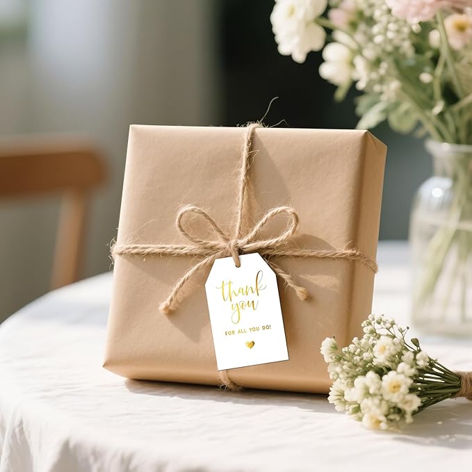 joycraft Thank You for All You Do Tags - 50Pcs Gold Foil Thank You Gift Tags with String, 3.3x2.2in Paper Gift Wrap Hangtags for Wedding, Teacher Appreciation, Mother's Day Thanksgiving, Christmas