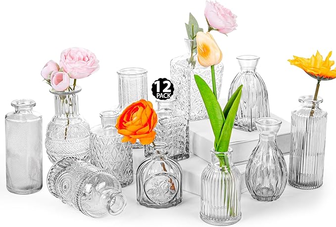 Glass Bud Vase Set of 12, Clear Bud Vases in Bulk, Small Flower Vases for Table Centerpieces, Mini Vintage Vases for Rustic Wedding Party, Bridal Shower, Home Decoration (12 Pack)