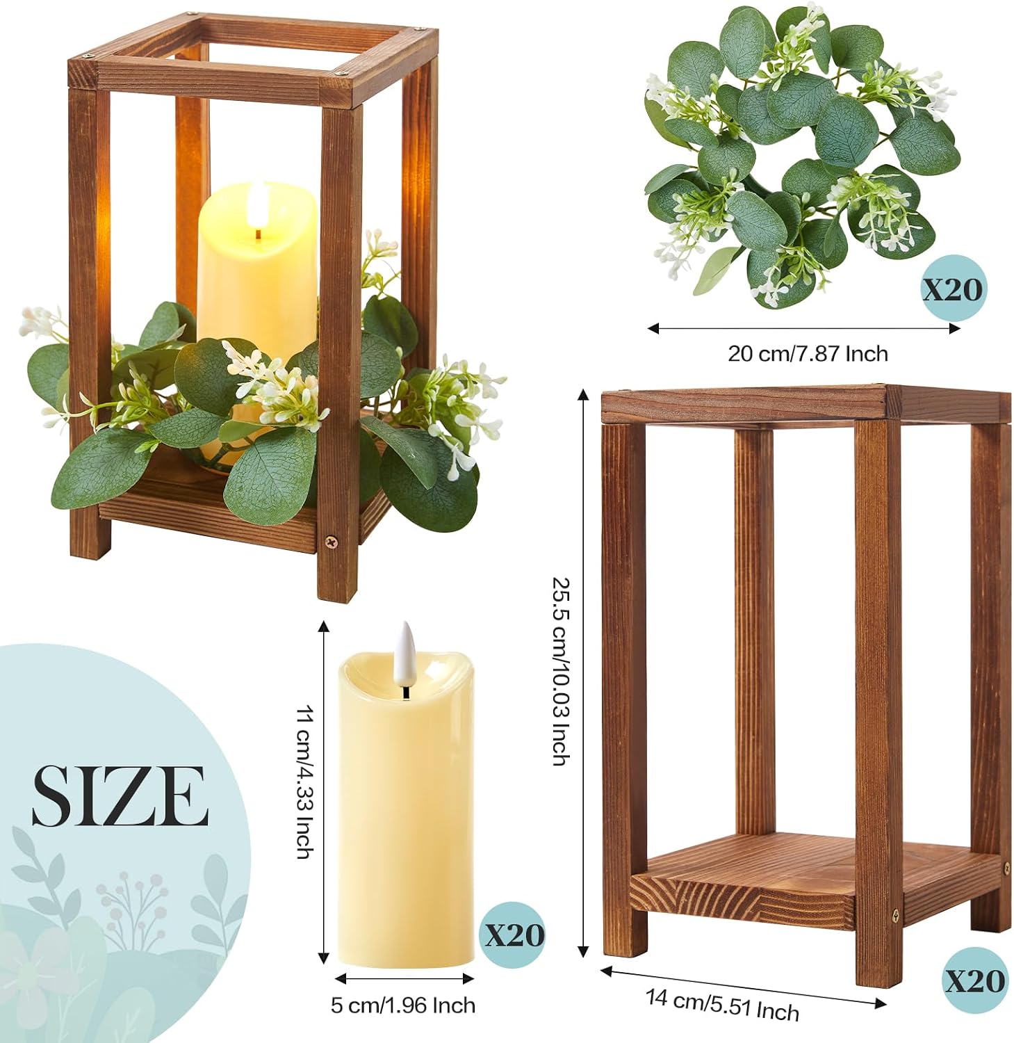 60 Pcs/20 Set Wooden Wedding Lantern Centerpiece,Wooden Centerpieces for Tables-with 20 Holders 20 Candles 20 Wreaths for Rustic Table Decoration Country Barn Wedding Party (Brown)