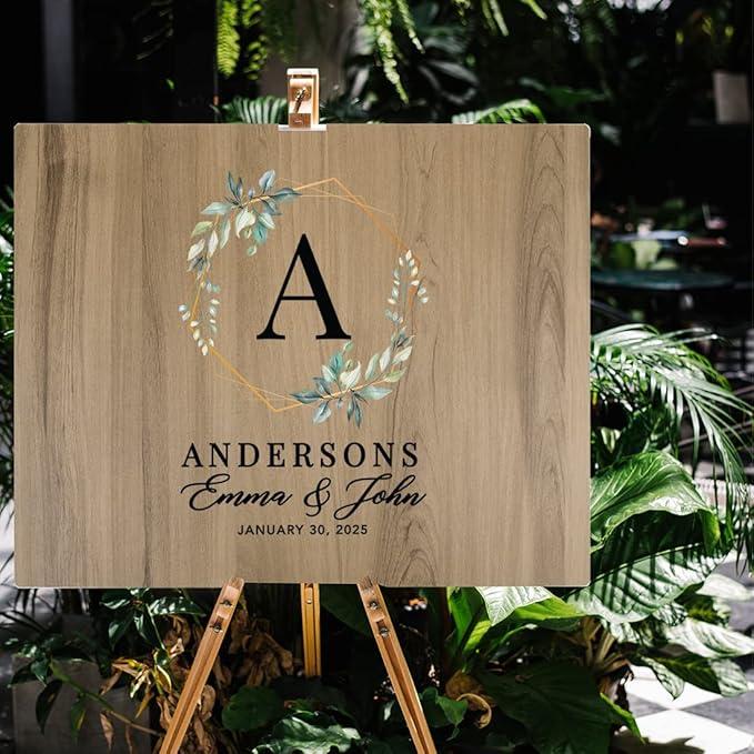 Andaz Press Large Wooden Welcome Sign for Wedding Rustic Welcome Sign 16" x 20" Custom Names & Date Geometric Greenery Fall Wedding Signage English Oak MDF Wood Finish Reception Indoor Outdoor Sign