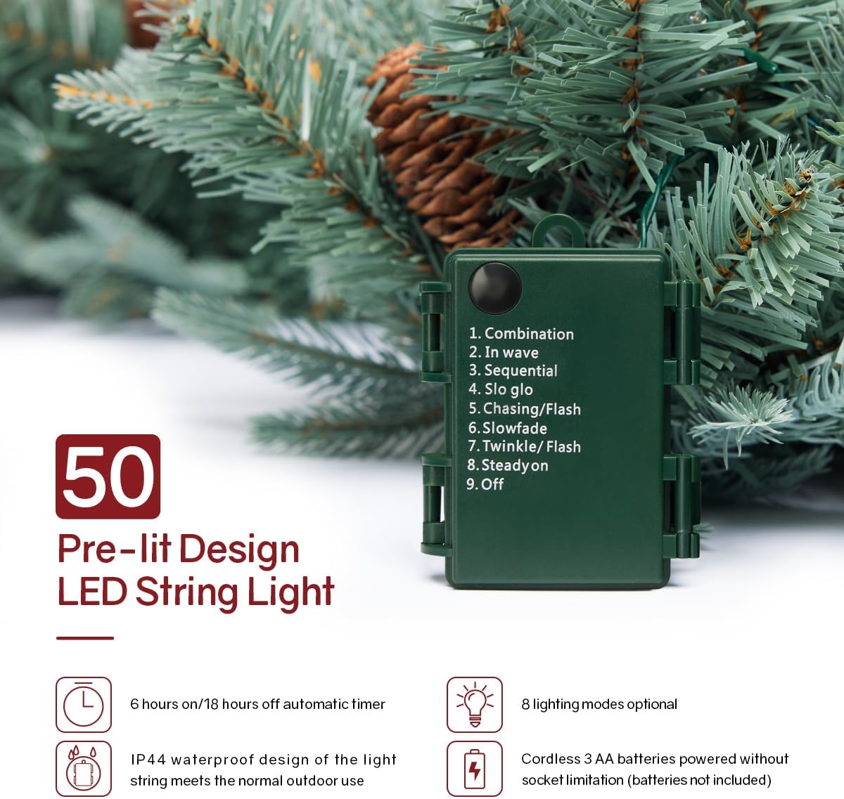 somikis 9ft christmas garland, battery operated pre-lit xmas showing dimensions