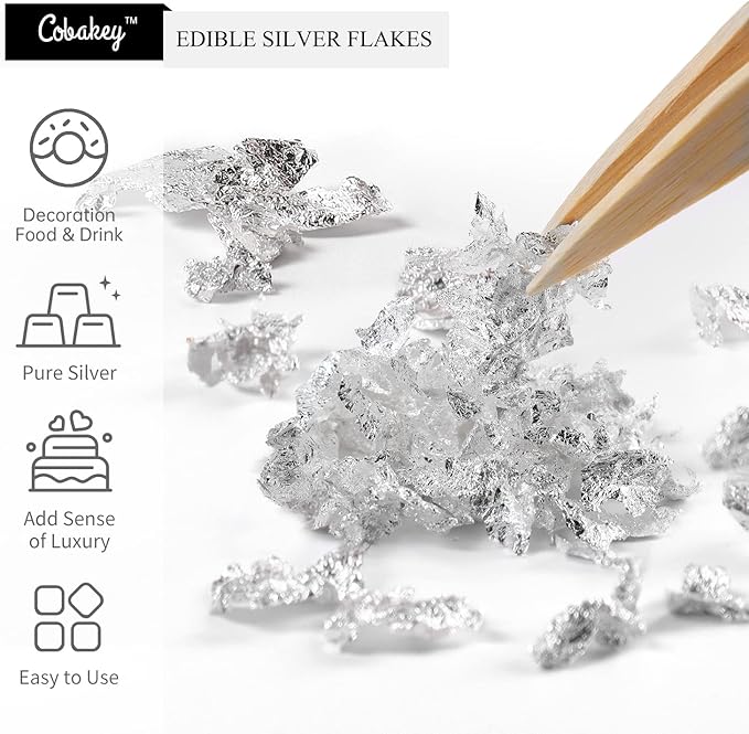 Cobakey Edible Silver Leaf - 50mg Silver Flakes for Cake Decoration (Cupcake, Chocolate, Steak, Drink & Cooking), Edible PureSilver with Edible Glitter & Wooden Tweezers