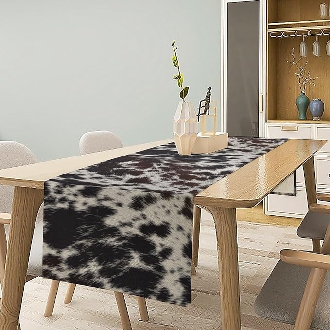 Cow Print Table Runner, Country Farm Animal Fur Skin Pattern Western Style Black Brown Cowhide Print Dinner Runner for Home Kitchen Dining Home Setting, 13x70 Inch