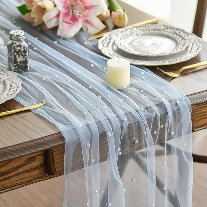 Artoid Mode Pearl Blue Gauze Table Runner 120 Inch 10FT, Seasonal Sheer Dining Holiday Wedding Birthday Baby Shower Table Decor for Home Party