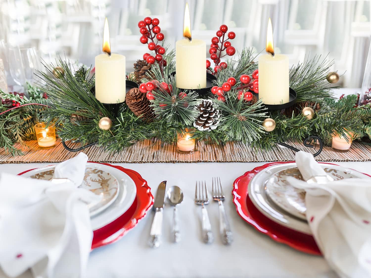 Lvydec Christmas Candle Holder Centerpiece - Pine Cones and Red Berry Table Centerpiece with 3 Candle Holders for Festival Table Home Decoration